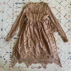 Trish Scully Child Dress Girls 10 Brown Lace Layered Long Sleeve